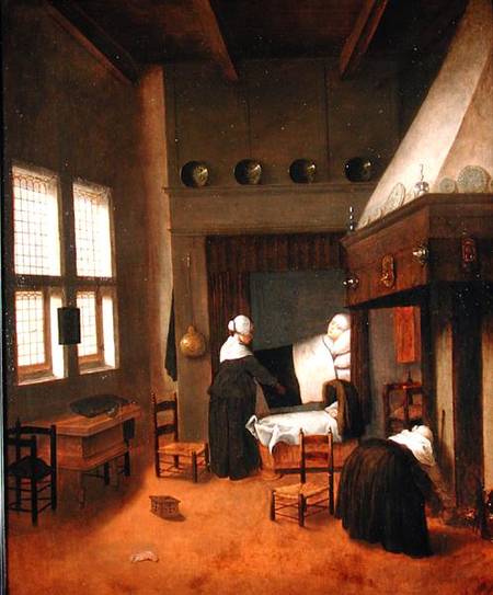 Bedroom Interior with Mother and New-Born Child a Jacobus Vrel or Frel
