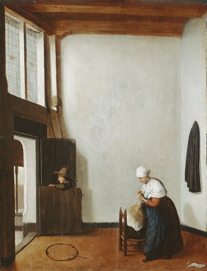 Interior with a woman combing a little girl's hair a Jacobus Vrel or Frel