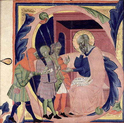 Historiated initial 'S' depicting Job receiving messengers with bad news (vellum) a Jacopo del Casentino
