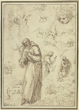 Study sheet with St Francis, an Annunciation and three studies of heads