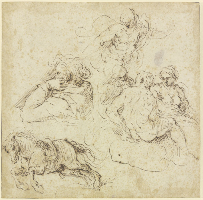 Study sheet with galloping horse, a woman in profile looking left, a group of figures on clouds and  a Jacopo Palma il Giovane