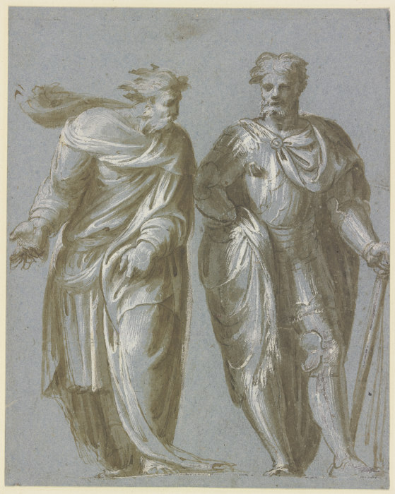 Zwei beieinander stehende Männer, der linke im Philosophenmantel mit weisender Geste, der rechte als a Jacopo Palma il Giovane