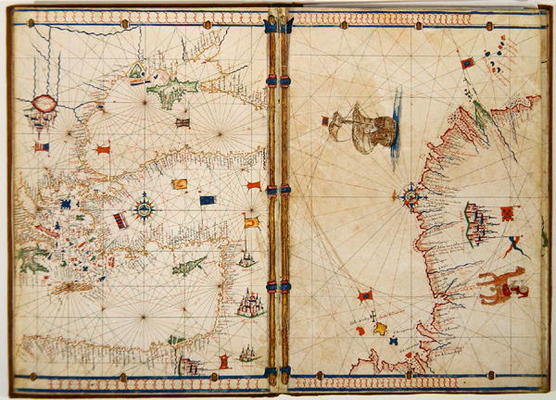 Ms Ital 550.0.3.15 fol.4v-5r Map of the Eastern Mediterranean Coast and Islands, from the 'Carte Geo a Jacopo Russo