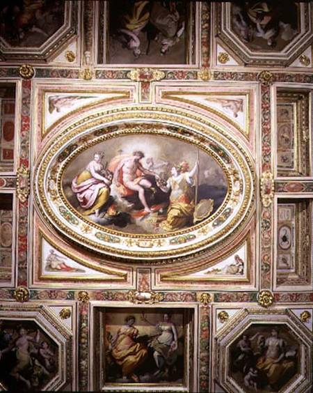 The 'Sala delle Muse' (Hall of the Muses) detail of the coffered ceiling decoration depicting Apollo a Jacopo Zucchi