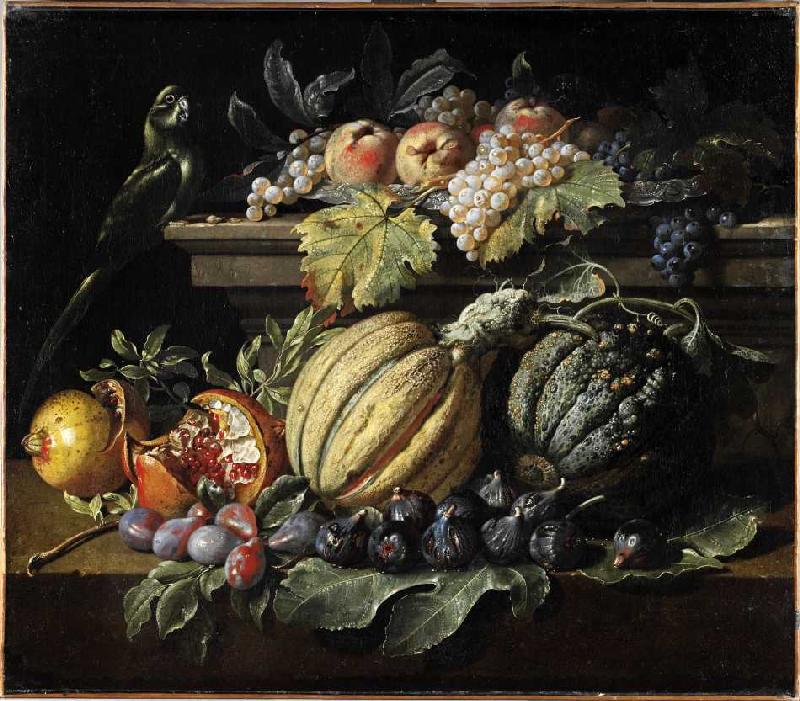 Fruchtstück mit Melonen, Weintrauben, Feigen, Granatäpfeln, Pfirsichen und einem Papagei. a Jacopo da (eigentlich Jacob van de Kerckhoven) Castello