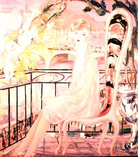 Portrait of Dolly Davis on a balcony in front of the old bridge of Alma a Jacqueline Marval