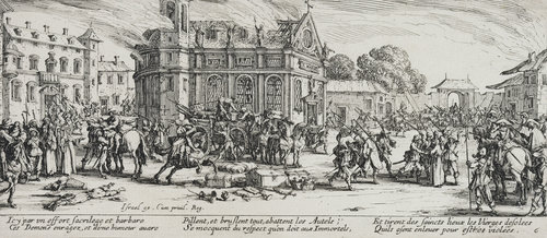 Les Miseres et les Mal-Heurs de la Guerre (Blatt 6): Die Zerstörung eines Klosters a Jacques Callot