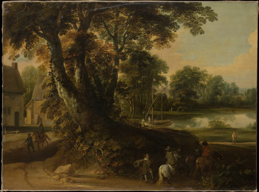 Landscape with a Group of Trees at the Shore of a Lake, Three Riders on the Road in the Foreground a Jacques d' Arthois