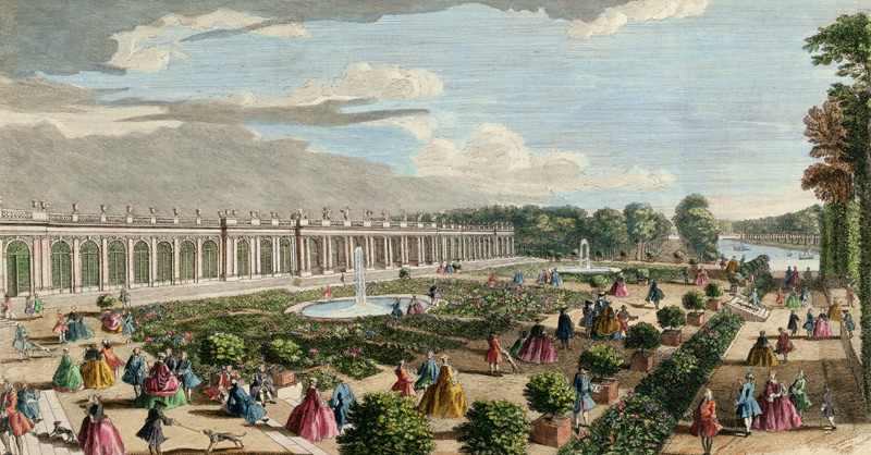 View of the Chateau de Trianon, towards the Parterre (coloured engraving) (see also 171645) a Jacques Rigaud