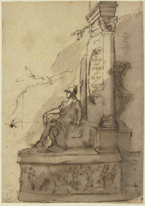 Bildwerk eines auf dem Sockel eines Monuments sitzenden Kriegers a Jacques van Schuppen