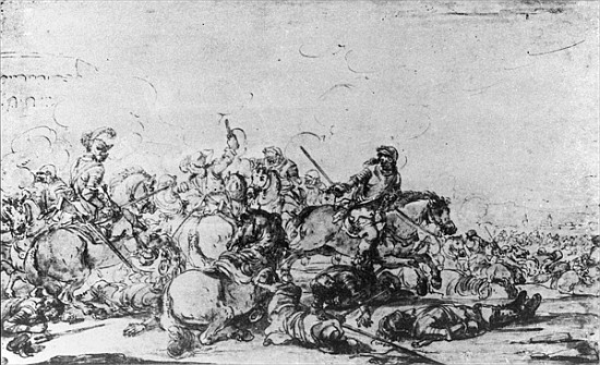 A Cavalry Battle (chalk, pen and ink on paper) a Jacques (Le Bourguignon) Courtois