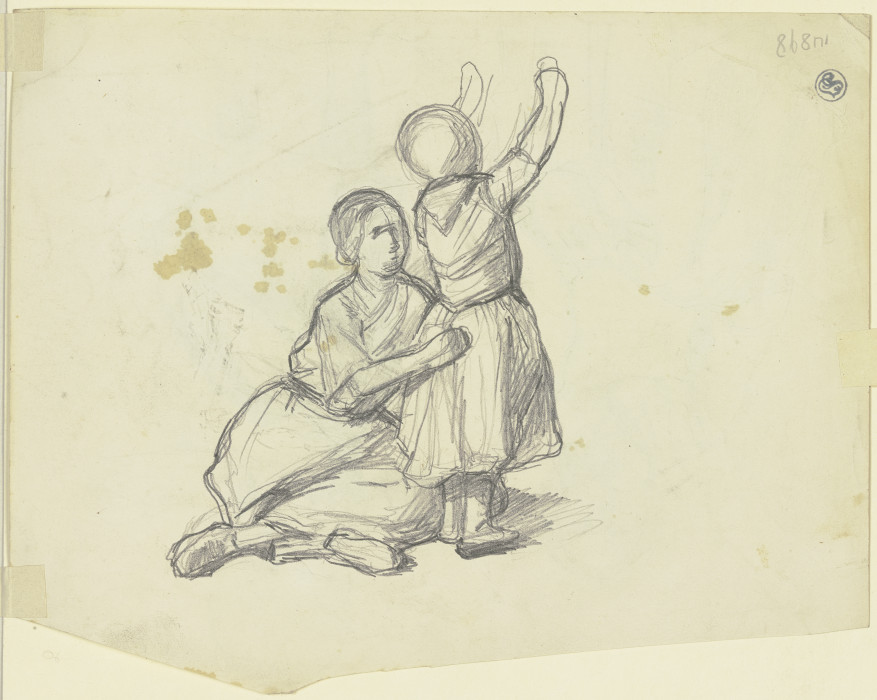 Auf dem Boden sitzende Frau mit einem neben ihr stehenden kleinen Mädchen mit erhobenen Armen a Jakob Becker