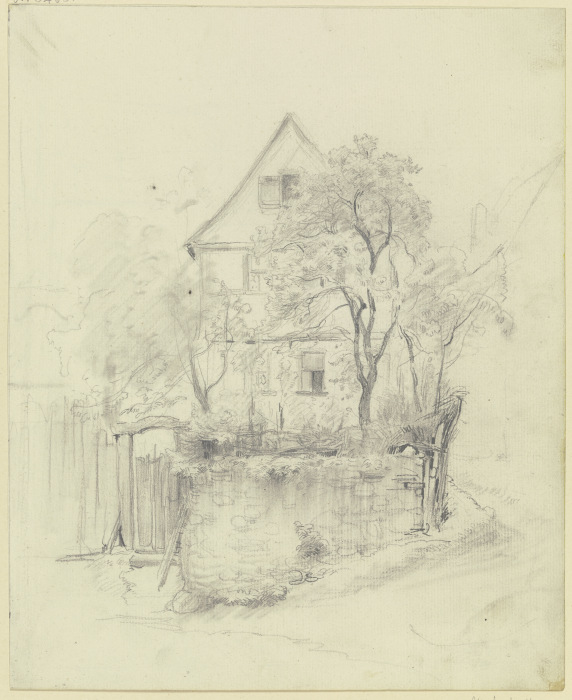 Bauernhaus auf terrassiertem Grund, auf welchem ein Baum steht, links die Tür a Jakob Furchtegott Dielmann