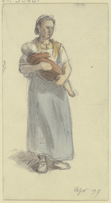 Bauersfrau in Hemdsärmeln, blauem Kleid, sie hat ein kleines Kind auf dem Armen a Jakob Furchtegott Dielmann