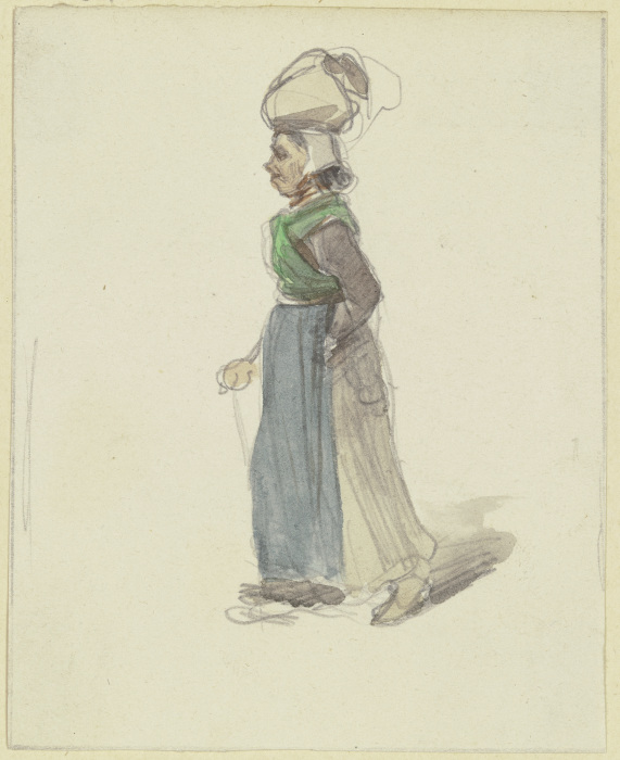 Bauersfrau, mit einem Sack auf dem Kopf und einem Stock in der Hand nach links gehend a Jakob Furchtegott Dielmann