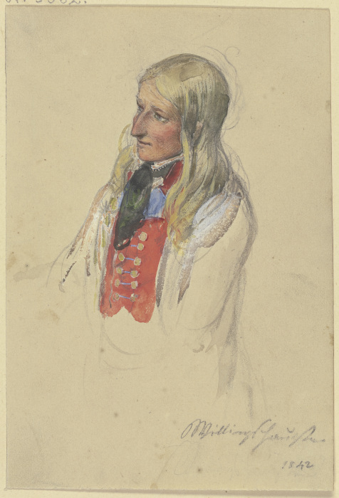 Brustbild einer jungen blonden Bäuerin in roter Weste und weißem Rock a Jakob Furchtegott Dielmann