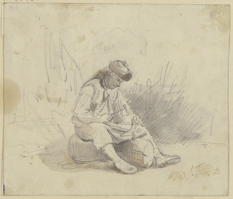 Ein Bauer sitzt auf einem Stück Holz und dengelt seine Sense a Jakob Furchtegott Dielmann