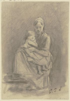 Eine Frau hält ein Kind auf dem Schoß, der Kopf nach vorne, der Körper nach links gewendet