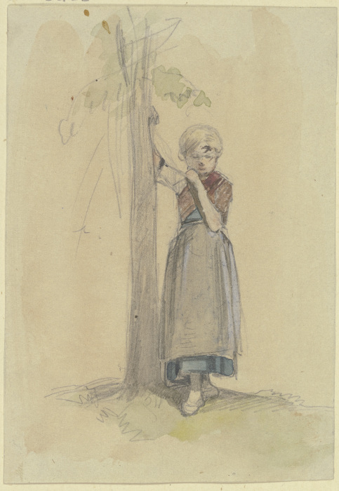 Kleines Mädchen, mit der rechten Hand sich an einen Baum lehnend, in nachdenklicher Haltung a Jakob Furchtegott Dielmann