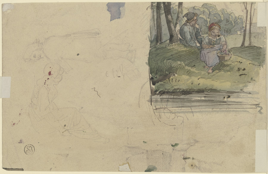 Studienblatt: Figuren und ein Mädchen mit einem Jungen im Wald sitzend a Jakob Furchtegott Dielmann