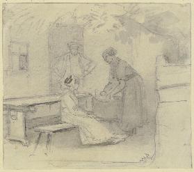 Vor einer Haustür stehen ein Tisch und eine Bank, eine Frau wäscht in einem Zuber, ein Mädchen sitzt