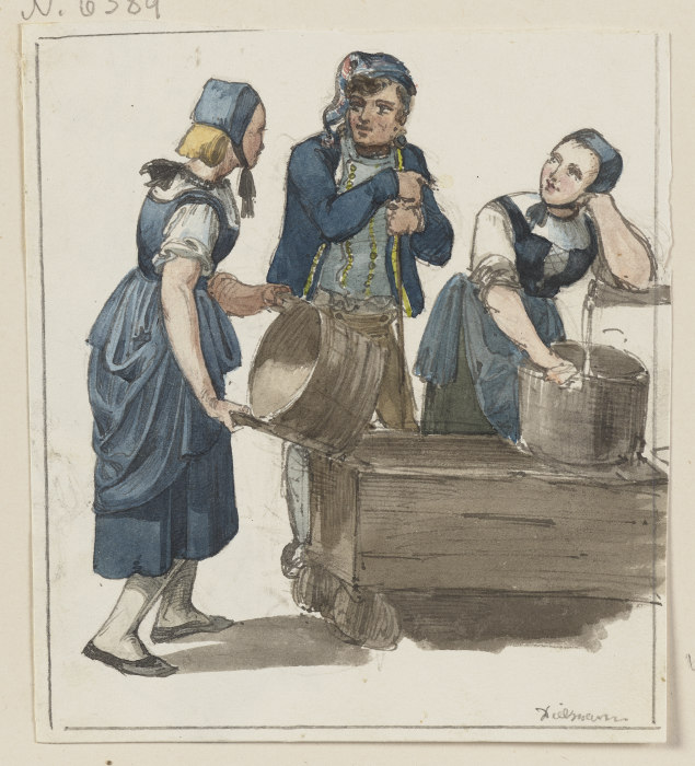 Zwei Mädchen und ein Bursche am Brunnen a Jakob Furchtegott Dielmann