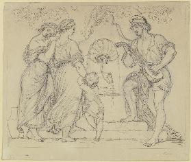 Am Brunnen spielt ein Jüngling  zwei Mädchen und einem Kind auf der Laute vor