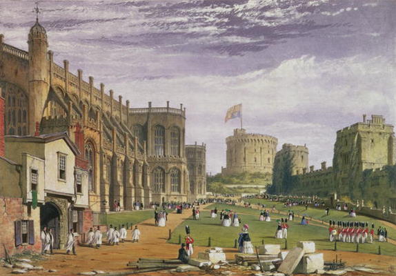 Lower Ward with a view of St George's Chapel and the Round Tower, Windsor Castle, 1838 (colour litho a James Baker Pyne