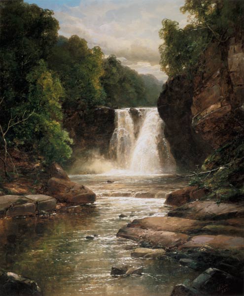 A Wooded River Landscape with Waterfall a James Burrell Smith