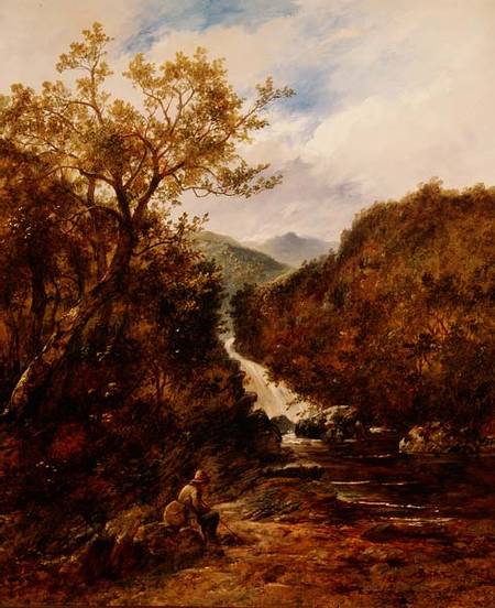 Angler by a Wooded Waterfall a James Charles Ward