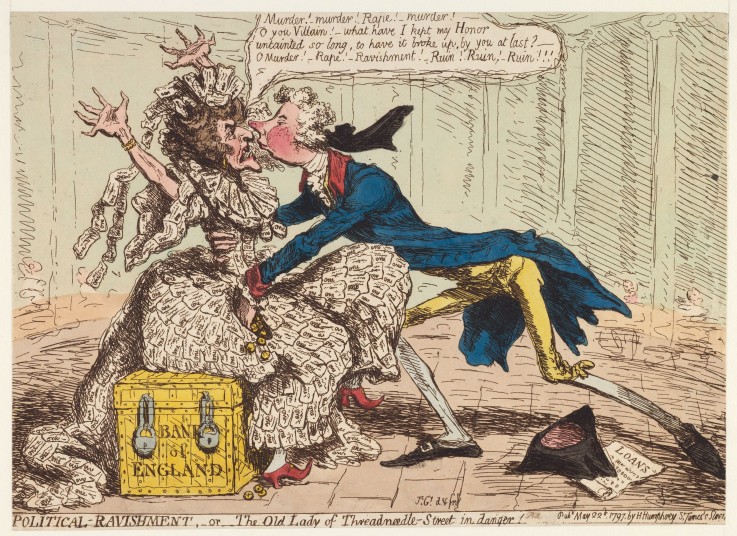 Political Ravishment, or the Old Lady of Threadneedle Street in Danger! a James Gillray
