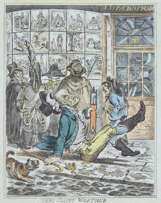 Very Slippy Weather, engraved by J. Sidebotham (colour litho) a James Gillray