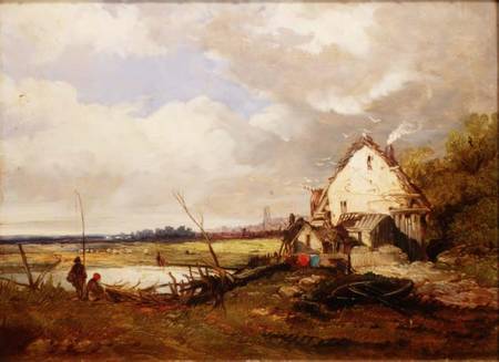 Anglers by a Cottage on a River Bank a James Holland