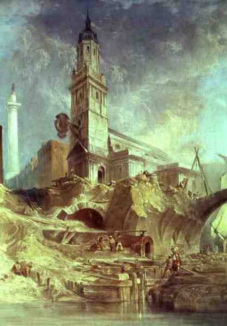 Demolishing Old London Bridge, with St. Magnus the Martyr behind a James Holland