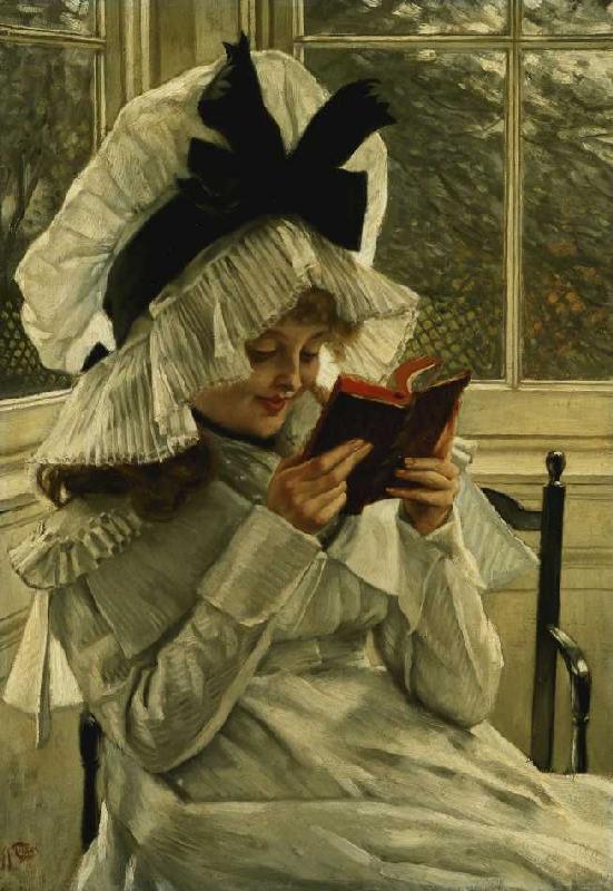Mädchen, ein Buch lesend a James Jacques Tissot