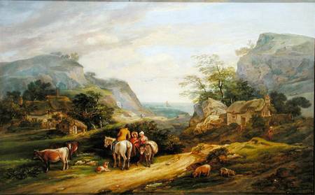 Landscape with figures and cattle a James Leakey
