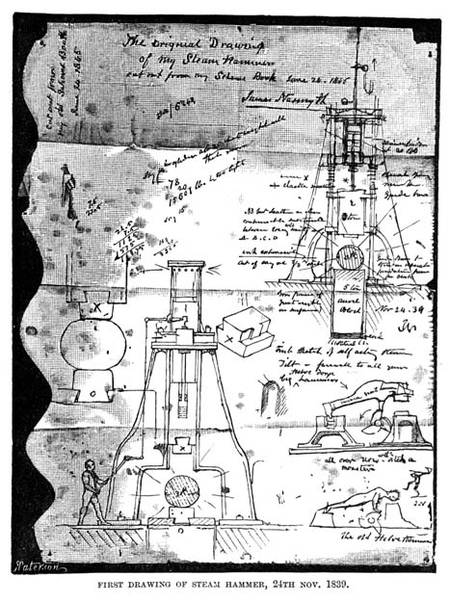 First Drawing of Steam Hammer, 24th November 1839, from a torn out page from Nasmyth's sketch book, a James Nasmyth