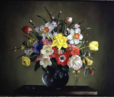 Narcissi, Anemones, Tulips, Forsythia, Rhododendron and Apple Blossom in a Glass Vase a James Noble