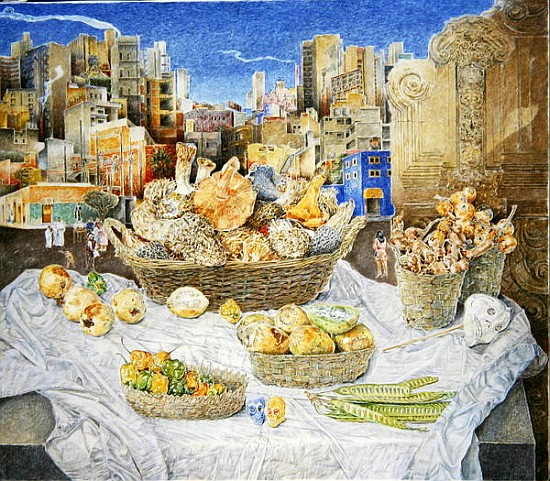 Still Life with Funghi and Cityscape, 2001 (oil on canvas)  a  James  Reeve