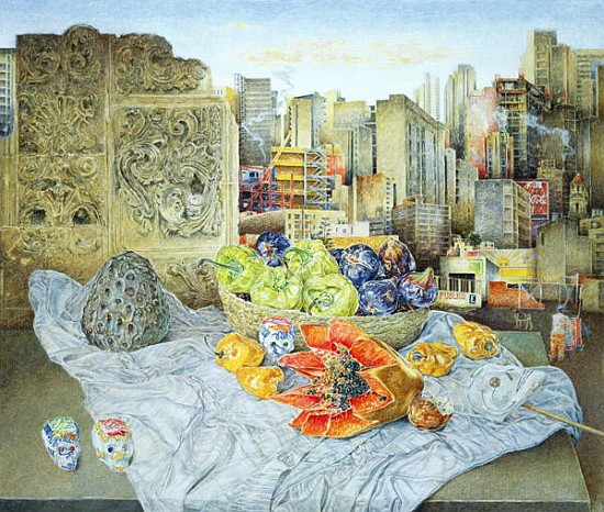 Still Life with Papaya and Cityscape, 2000 (oil on canvas)  a  James  Reeve