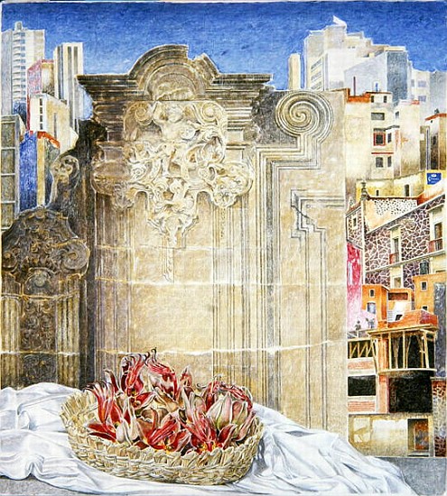 Still Life with Strange Fruit and a Baroque Landscape, Mexico City, 2003 (oil on canvas)  a  James  Reeve
