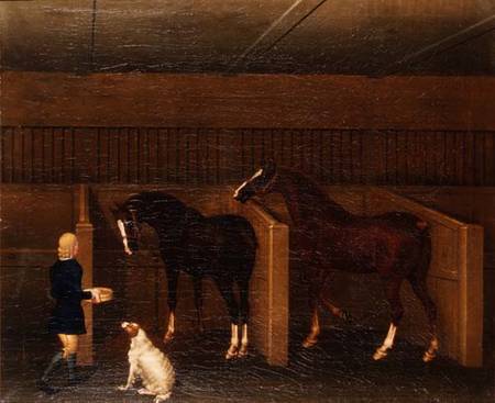 A groom, horses and a dog in a stable a James Seymour