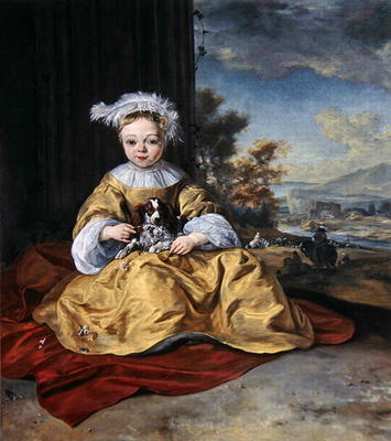 A Child in a yellow dress holding a dog (oil on canvas) a Jan Baptist Weenix