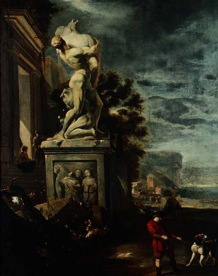 Sea port with figures by a classical statue a Jan Baptist Weenix