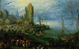 Fish market on the sea beach. a Jan Brueghel il Vecchio