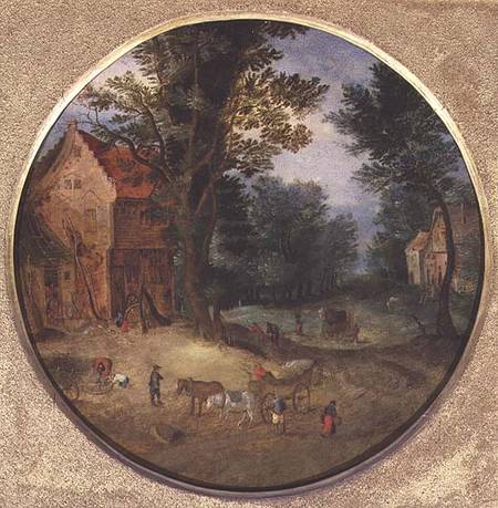 Flemish landscape with carts and figures (tondo, panel) a Jan Brueghel il Vecchio