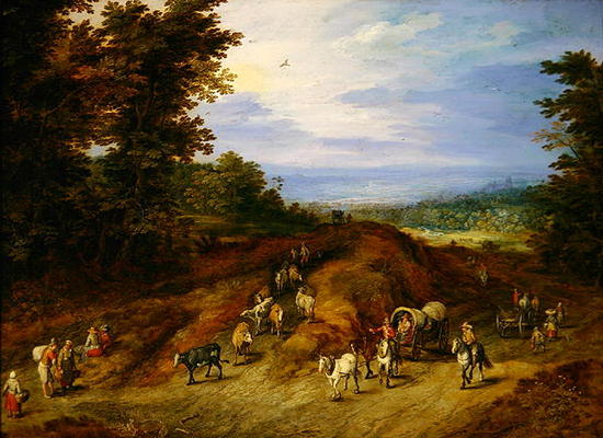 Landscape with peasants, carts and animals (oil on copper) a Jan Brueghel il Vecchio