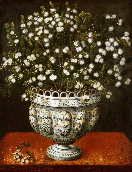 Myrtle In A Lobed-Footed Polychrome Maiolica Manises Vase On A Draped Ledge a Jan Brueghel il Vecchio