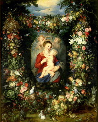 The Virgin and child in a garland of fruit and flowers, c.1614-18 (oil on panel) a Jan Brueghel il Vecchio