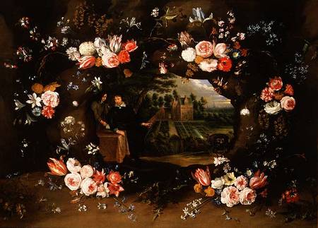 Garland of Flowers Encircling a Medallion Representing Nicolas de Man in front of his Property at An a Jan Brueghel il Giovane